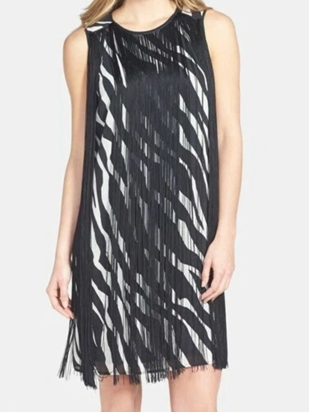 Michael Kors Black and White Zebra Fringe Mini Skirt with Tassel Detail